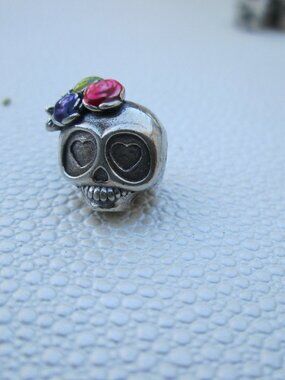 sterling silver S925 skull with flowers bead charm fits Pandora
